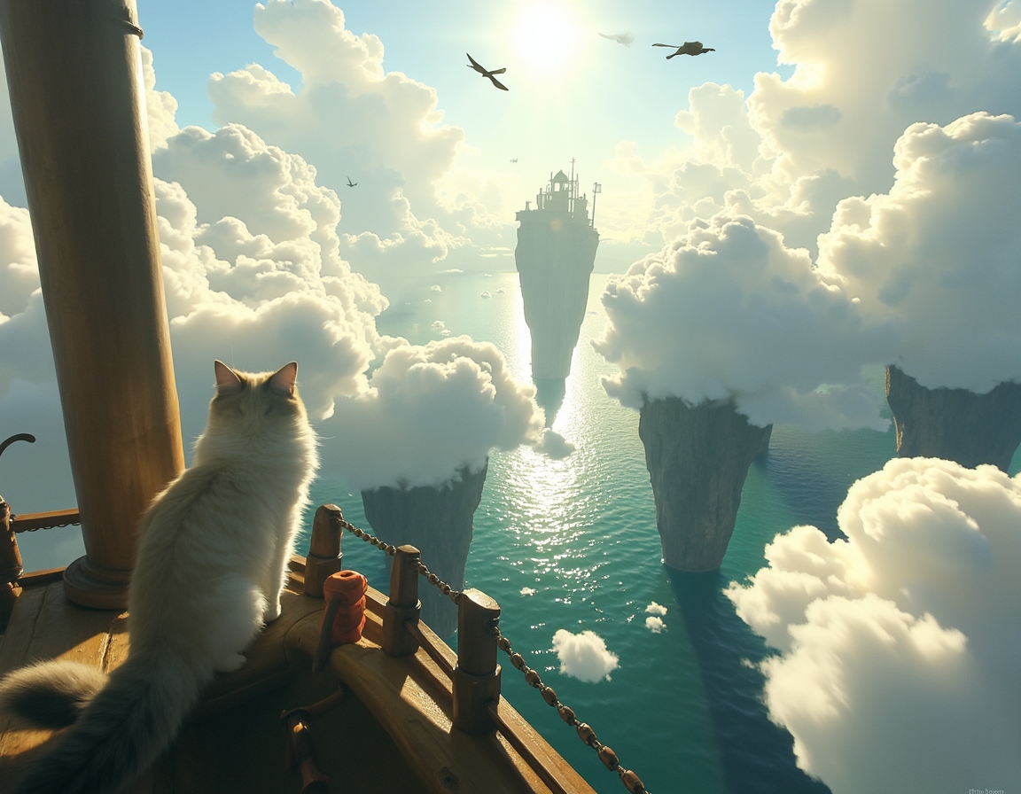 Cat captains a floating pirate ship that navigates between massive cloud-islands. Waterfalls spill over island edges, and mysterious winged creatures soar among the clouds, creating a thrilling, airborne fantasy voyage.